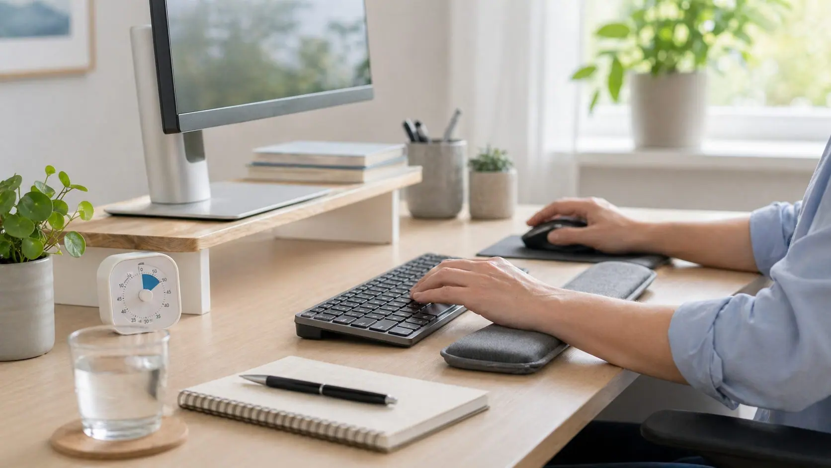 Ergonomisk arbetsplats med rätt skärmhöjd, tangentbord och mus
