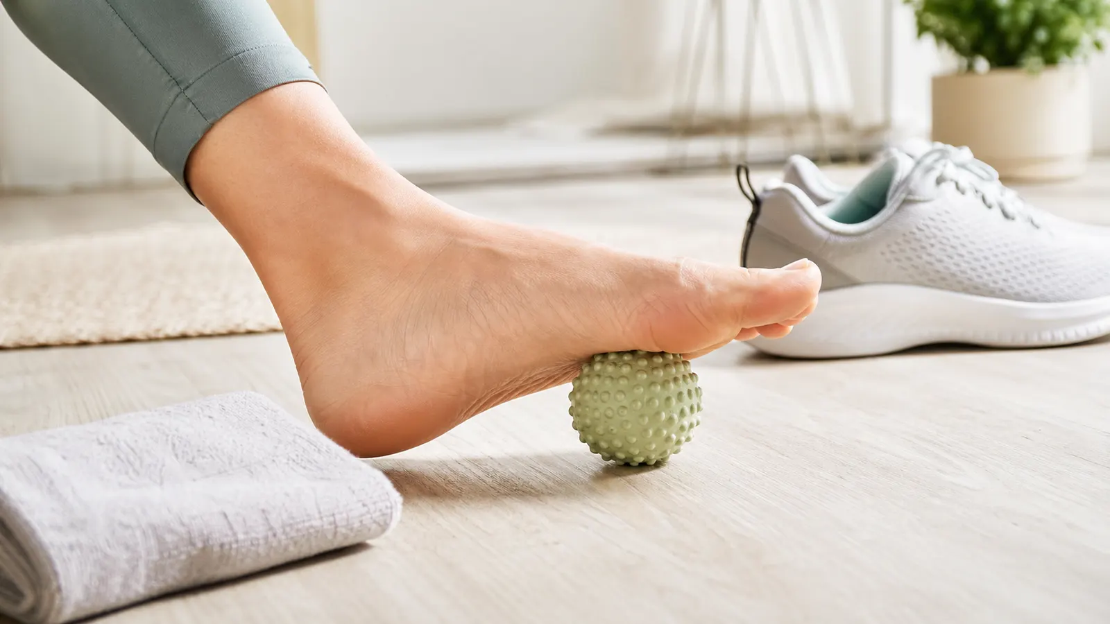 Egenvård vid hälsporre och plantar fasciit med massageboll under foten