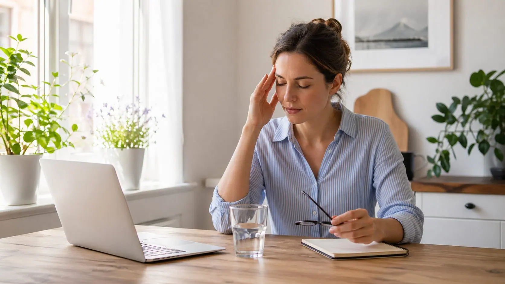 Person som tar en paus hemma vid huvudvärk med vatten nära till hands