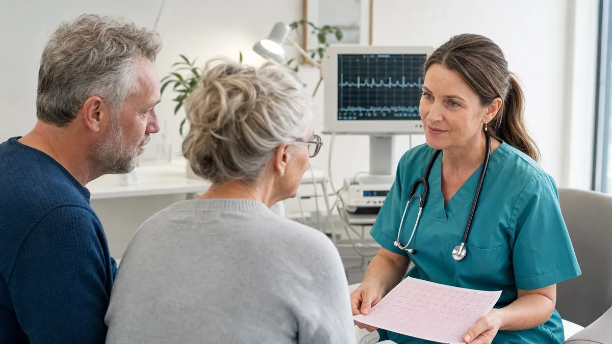 Läkare går igenom EKG-resultat med patient vid hjärtundersökning i Göteborg